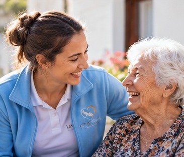 KI-Bild: Pflegekraft und Seniorin im Freien