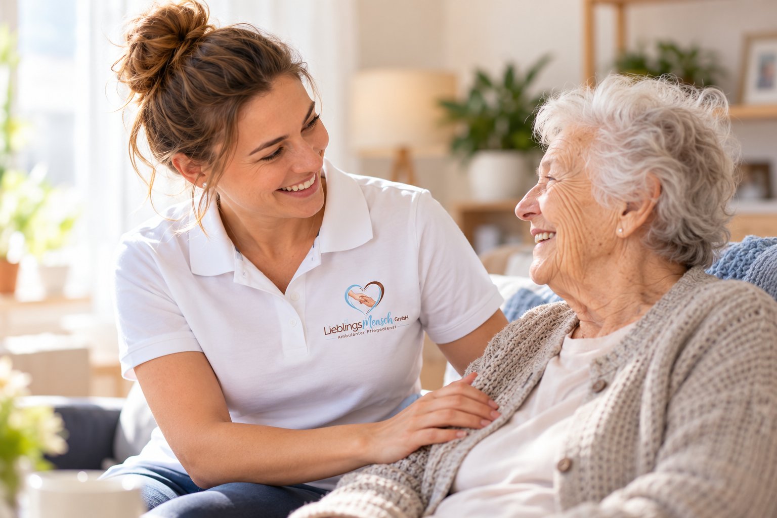 KI-Bild: Pflegekraft und Seniorin lachen gemeinsam im Garten