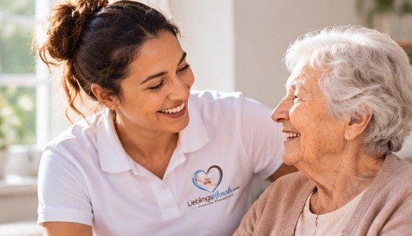 KI-Bild: Pflegekraft im Gespräch mit einer Seniorin