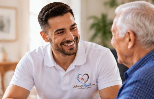 KI-Bild: Pflegekraft im Gespräch mit einem Senior
