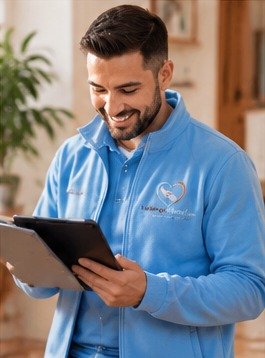 KI-Bild: Pflegefachkraft dokumentiert eine Behandlung am Tablet