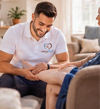 KI-Bild: Pflegekraft hilft einer Seniorin beim Aufstehen